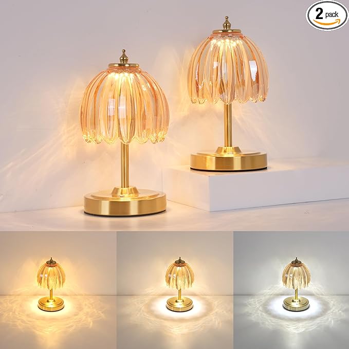Shenmoyl Set of 2 Tulip Table Lamp with 5200mAh Battery & Touch Control, Cordless Small Table Lamp with 3 Colors, Rechargeable Battery Operated Table Lamps for Nightstand, Bedroom (Amber Tulip)