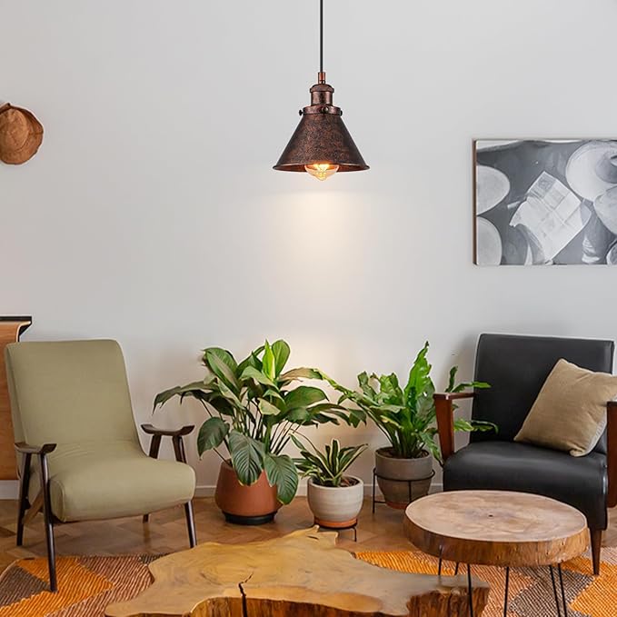Plug in Pendant Light, On/Off Switch, 7.1 in. Hanging Light Fixture with Rustic Cone Shade, Rusty Pendant Light, 16.4ft Hanging Lights with Plug in Cord for Bedroom, Kitchen, Living Room