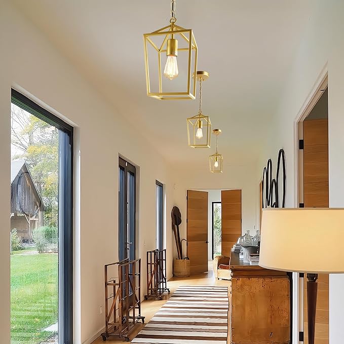 2-Pack Gold Pendant Lights Kitchen Island, Modern Mid Century Light Fixtures Hanging Lamp for Kitchen, Farmhouse Kitchen Pendant Lighting Over Island, Metal Cage Design