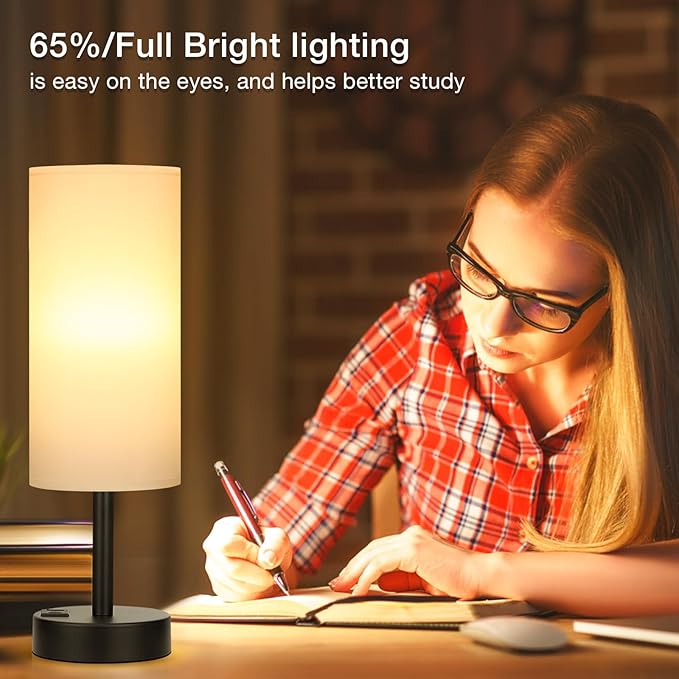 Dicoool Bedside Touch Table Lamps for Bedroom Nightstand with USB-C USB-A Charging Ports White, 3 Way Dimmable Small Lamp Fabric Shade Black Base for Office, Living Room, Dorm Room Reading