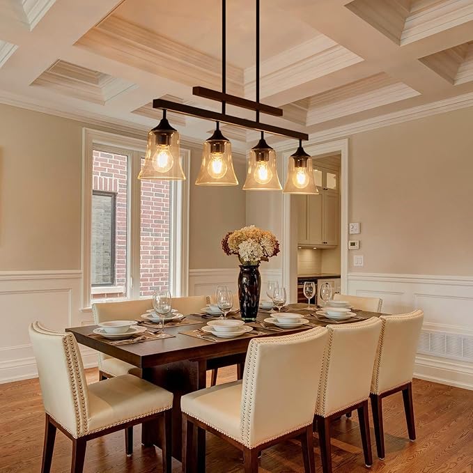 Dining Room Light Fixture 4-Light Kitchen Island Lighting Farmhouse Chandeliers for Dining Room Over Table Wood Chandelier with Glass Black Metal Pendant Light for Kitchen Island Lights