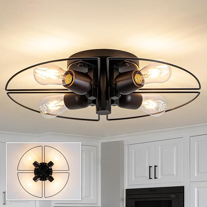 4 Light Sputnik Light Fixture Black Flush Mount Lights Industrial Ceiling Light Wood 21" Modern Farmhouse Ceiling Lights for Kitchen Bedroom Bathroom Foyer Hallway(E26)