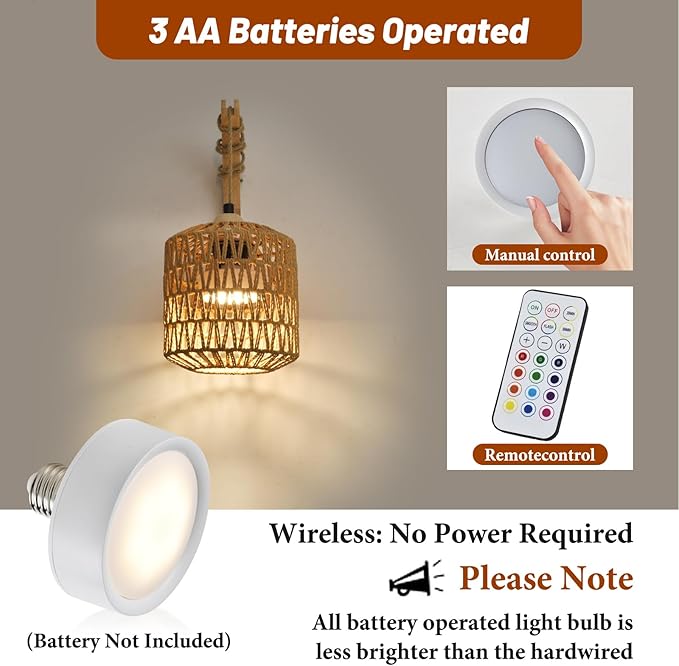 Boho Battery Operated Wall Sconce Set of Two, Rattan Rechargeable Wall Sconces with Remote,Wireless Sconces Set of 2 for Bedroom,Living Room,Entryway 15 Colors Dimmable-Natural Wood