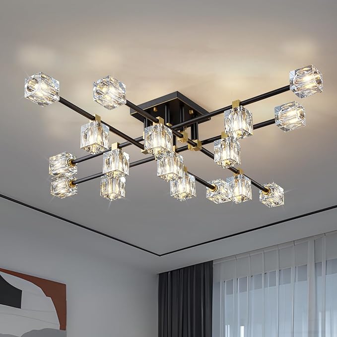 Crystal Sputnik Ceiling Light Fixture，Modern Luxury Black and Gold Chandeliers with 17-Light，Semi Flush Mount Ceiling Light Fixture for Dining Room,Living Room,Kitchen Island,Bedroom.