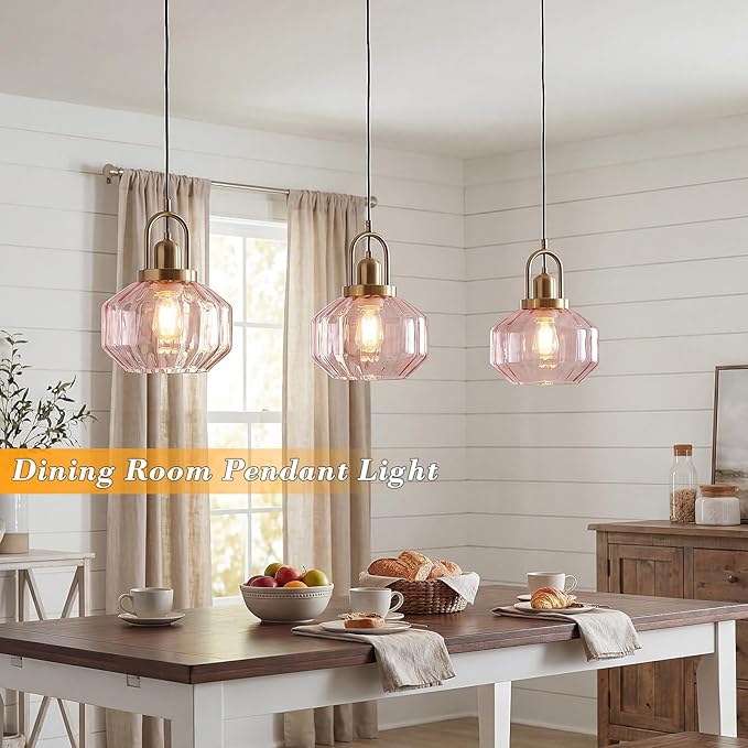 9in Mid Century Modern Pink Glass Pendant Light Fixture, Small Gold Kitchen Island Pendants Light Glass Ceiling Hanging Lamp for Foyer Dining Room Bedroom Entryway Hallway Over Sink