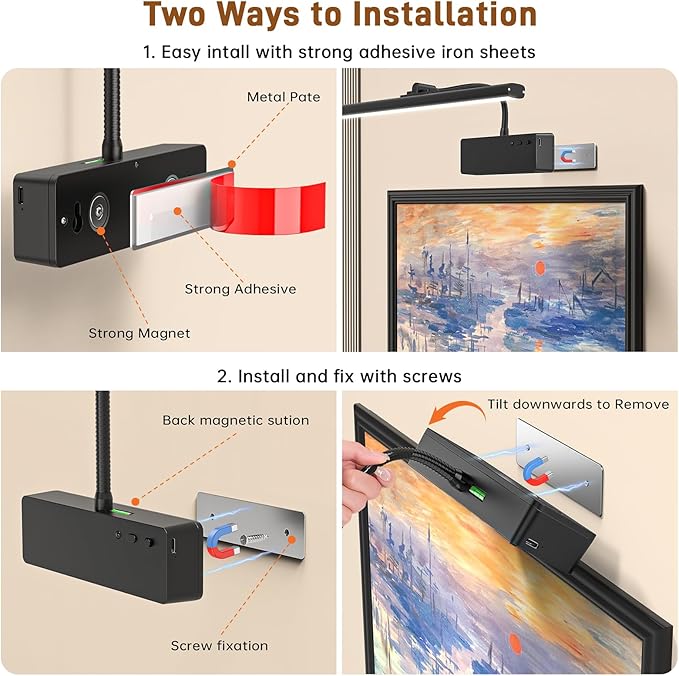 Racokky Picture Light, 15.35inch Picture Lights for Wall Rechargeable, Battery Lights for Pictures on Wall, 3 Color Art Lighting for Paintings with Timer and Dimmable Artwork Display (Black-2PCS)