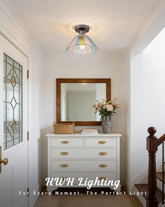 10 Inch Semi Flush Mount Ceiling Light Fixture, HWH Rustic Ceiling Light Fixture for Hallway Entryway with Colored Floral Glass, Oil-Rubbed Bronze Finish, 5HJX110F ORB-C