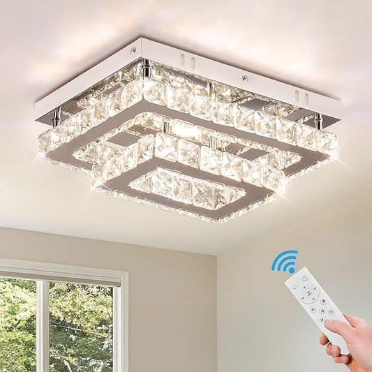Dimmable Crystal LED Flush Mount Ceiling Light, 11.8"×9.1" Rectangular Close to Ceiling Chandelier, 24W K9 Crystal & Stainless Steel, Remote & App Control, 2700–6500K CCT for Bedroom Living Room