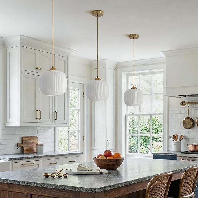 KCO Lighting Modern Gold White Glass Pendant Light Contemporary Brass Metal Kitchen Island Dining Pendant Light Industrial Large Globe Pendant Lamp 1-Light Round Ball Hanging Lighting Fixture