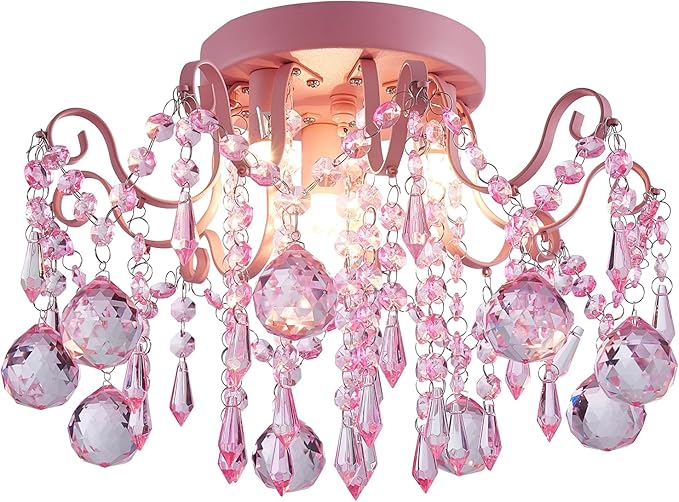 Rain Drop Crystal Small Crystal Chandelier Ceiling Light 3-Light Fixture Modern Chrome Iron Material Suitable for Bedrooms, Hallways, Walk-in Closets, Entryways, Stairwells (Pink)