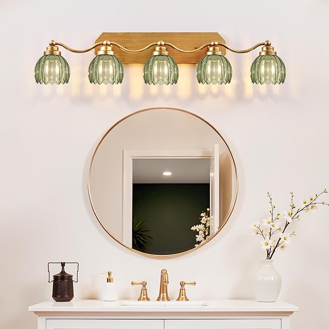 Vintage Bathroom Light Fixtures, Bathroom Lighting Fixtures Over Mirror, Gold Matte Antique Brass Finish with Green Crystal Glass Shade, Wall Sconces Lighting for Bedroom, Living Room (Green, 5-Light)