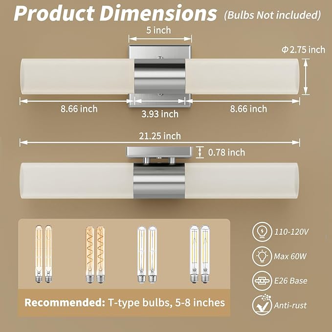 Bathroom Wall Sconces Set of Two, 21 Inch Modern Vanity Lights with Frosted Glass Shade, Bathrooms Vanity Lighting Fixtures for Mirror Bedroom Living Room Hallway (Silver)