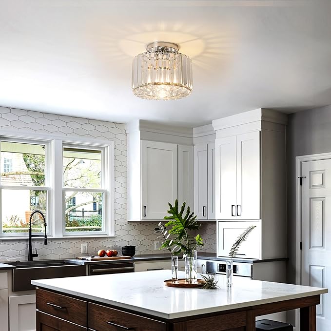 Crystal Ceiling Light, Semi Flush Mount Ceiling Light Silver Crystal Chandelier for Bedroom Kitchen Hallway Entrance Balcony Dining Rooms Living Rooms Bar
