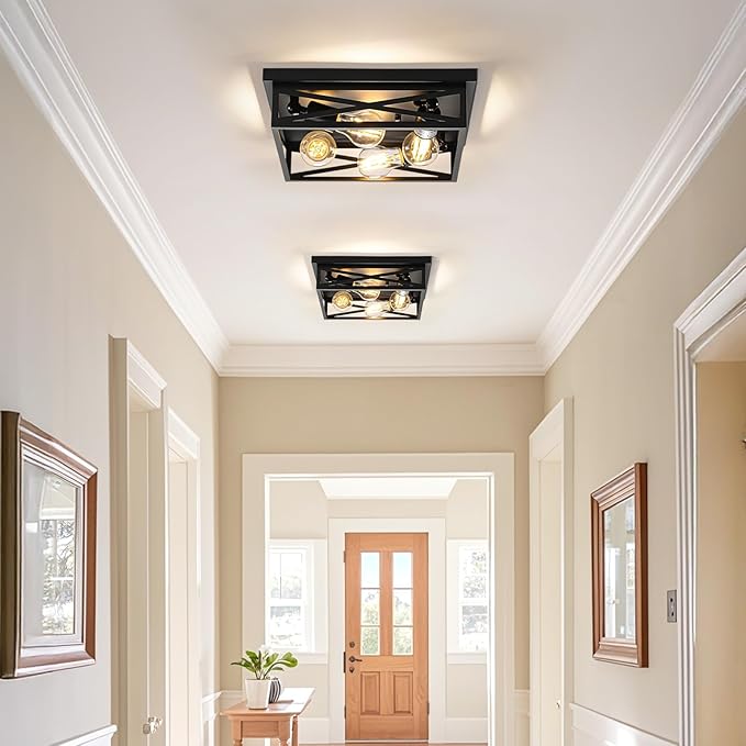 4-Light Flush Mount Ceiling Light Fixture, Kitchen Lights, Black Farmhouse Flush Mount Light Fixture, Metal Cage Closed to Ceiling Mounted Lights for Hallway Entryway E26 Base(1 Pack 13in)