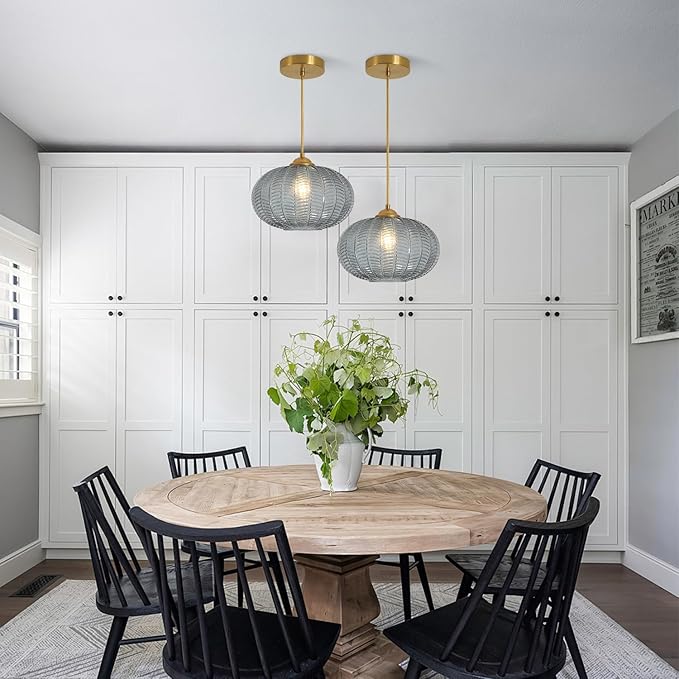 KCO Lighting Large Glass Pendant Lights Kitchen Island Brass Gold Pendant Light Gold Globe Hanging Light Smoked Striped Glass Pendant Light Mid Century Modern Dining Room Light Fixture