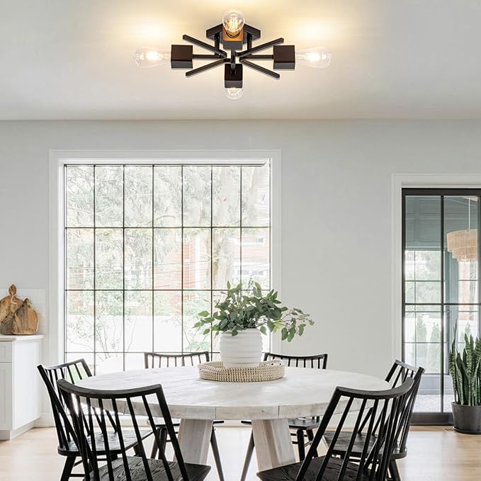 4 Light Sputnik Light Fixture Black Flush Mount Lights Industrial Ceiling Light Wood 22" Modern Farmhouse Ceiling Lights for Kitchen Bedroom Bathroom Foyer Hallway(E26)