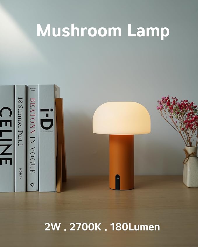 WEILAILUX Cordless Mushroom Table Lamp, Waterproof Shower Lamp, Battery Operated Table Lamp Rechargeable, Touch Dimmable Night Light for Bedroom/Patio/Camping/Dinning/Outdoor (Orange)