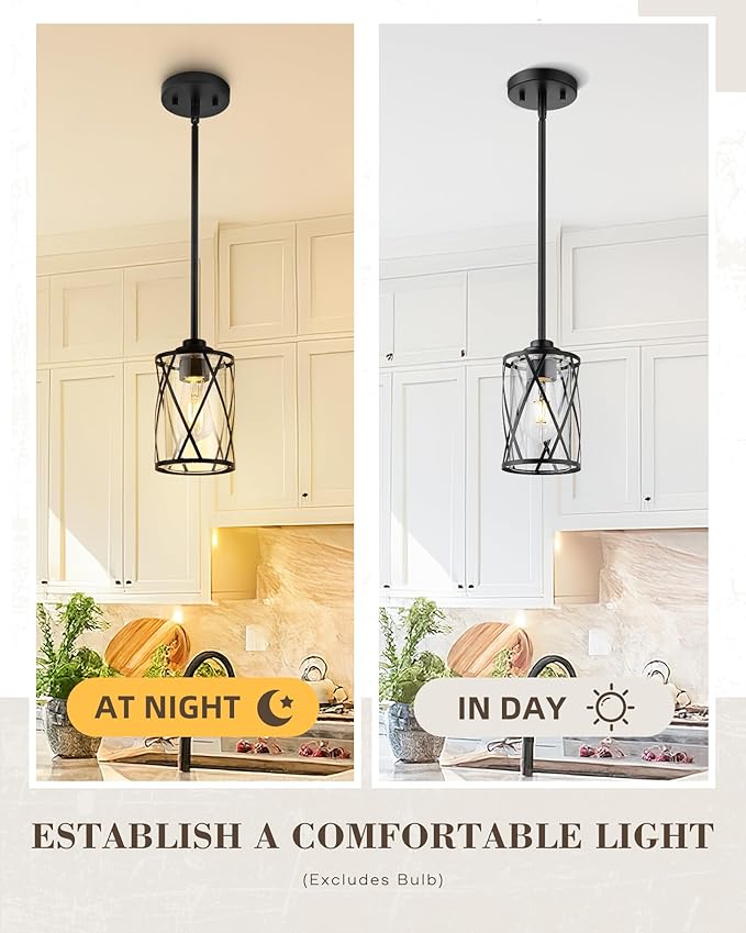 Beionxii Glass Pendant Lights Kitchen Island, Black Modern Kitchen Pendant Lighting Over Island, Farmhouse Industrial Cage Hanging Lighting with Clear Glass for Sink, Dining Room, BX-PL07BK