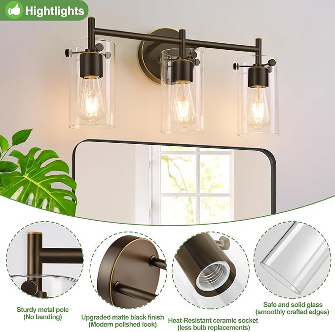 Indoi 3-Light Bathroom Light Fixtures 2023 Upgrade, Oil-Rubbed Bronze Modern Vanity Lights with Clear Glass Shade, Bathroom Wall Sconces for Mirror Bedroom Living Room Cabinet