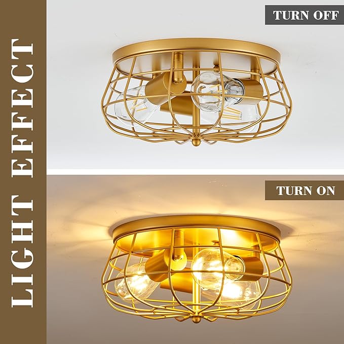 VILUXY Gold Semi Flush Mount Ceiling Light Industrial 3-Light Rustic Ceiling Lamp Fixture with Metal Cage for Kitchen Living Room Dining Room Bedroom Hallway