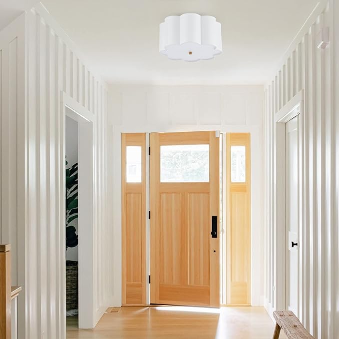 Semi Flush Mount Ceiling Light Fixture, Modern Close to Ceiling Lamp with Cream White Fabric Drum Shade for Nursery Kids Room Bedroom Kitchen Hallway Entryway 3-Light
