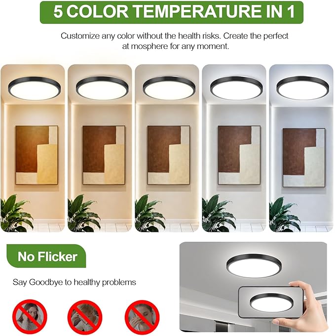2-Pack 36W Dimmable LED Ceiling Lights Black, 13 inch Flush Mount Light Fixtures 3600LM 2700K/3000K/4000K/5000K/6500K Color Changing Ceiling Lights, Modern Lighting for Kitchen Living Room Bedroom