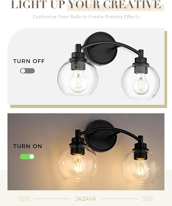 2-Light Vanity Light Fixture Over Mirror,Globe Bathroom Light with Clear Glass,Modern Black Wall Sconce,ZCVL02BK-2