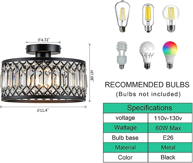 Crystal Ceiling Light Fixture, Modern Flush Mount Ceiling Light, Black Crystal Chandelier for Kitchen Bedroom Bathroom Entryway Hallway