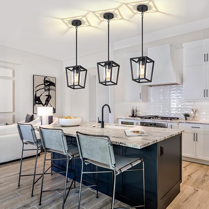 Pendant Lights Kitchen Island 3 Pack, Farmhouse Pendant Lighting for Island, Hallway Hanging Lights Modern Kitchen Light Fixtures Ceiling, Black Chandelier for Dining Room