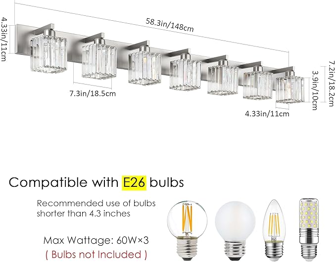 Aipsun Brushed Nickel Bathroom Light Fixtures Crystal Vanity Lighting Fixture Modern Bathroom Vanity Light 7 Light (Exclude Bulb)