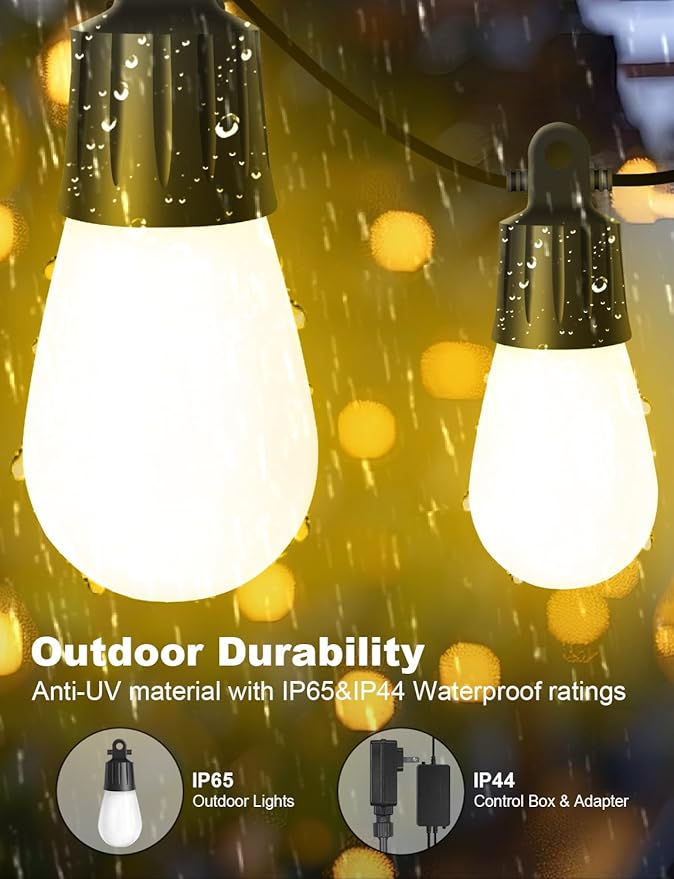 Outdoor String Lights APP Control with Remote, 118(98+12) ft RGB+IC+Warm White Outdoor Light 36 LED Bulbs, NOT Extendable, Music Sync for Garden Party Decor Christmas