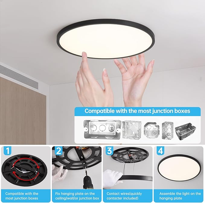 20 Inch Large LED Flush Mount Ceiling Light Fixture,45W,4600LM,3000K/4000K/6000K CCT Selectable,0.9 inch Super Slim Round Ceiling Light for Bedroom,Hallway,Kitchen (Dimmable Black 2PK)