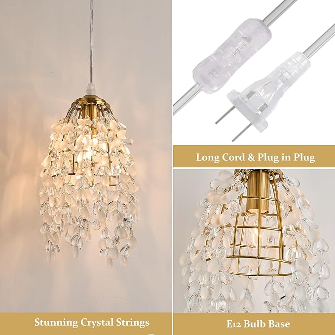 Surpars House Elegant Mini Chandelier Plug in Crystal Pendant Light,Golden (Plug in Style C)