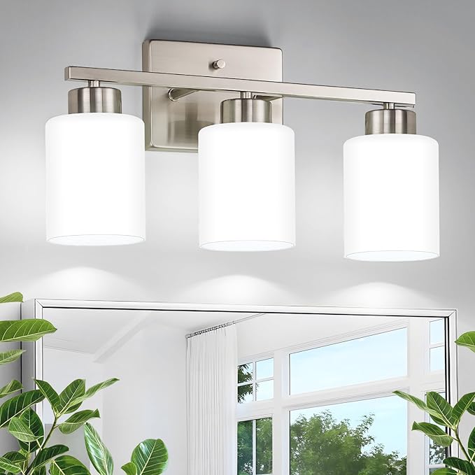 Brushed Nickel Bathroom Light Fixtures, 3-Light Modern Vanity Lights with Milky White Frosted Glass Shades, Wall Sconces for Mirror, Bathroom, Restroom (E26 Socket)