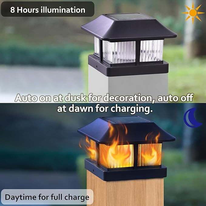 Dynaming Solar Flame Post Cap Lights Outdoor, Solar Powered Fence Post Light, Flickering Flame LED Lantern Lamps Waterproof for Garden Deck Patio, Fit 4x4 Wooden/Vinyl Posts, 6 Pack
