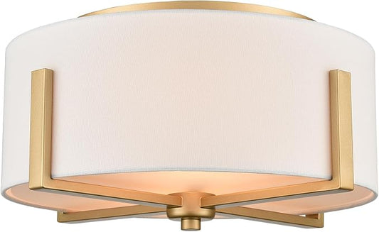 Gold Drum Ceiling Light Fixture with Linen Shade, 2-Light, 15.74"L x 15.74"W x 7.87"H, Warm White, Indoor, Modern, Living Room