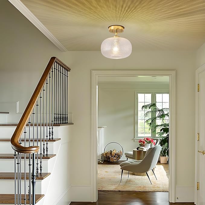 Modern Prismatic Globe Ceiling Light,Vintage Glass Flush Mount Light Fixture with Brass Gold Base Hallway Ceiling Lighting for Bedroom,Foyer,Kitchen,Laundry Room,Entryway,9.84 Inch,E26 1-Light