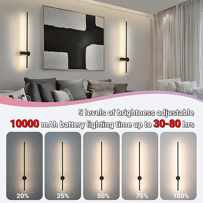 31.5 inch Battery Operated Wall Sconce Set Of 2, 10000mAh Rechargeable Wall Light With Remote Control, RGB Dimmable Wireless Sconces Wall Decor For Bedroom Living room Hallway, 360°Rotate, Black