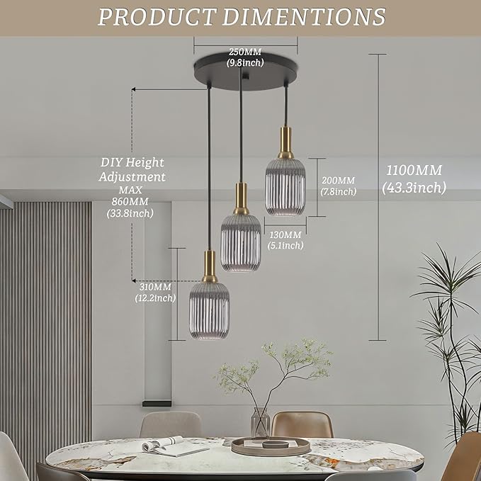 FRIXCHUR 3-Light Pendant, Mid Century Style Glass Shades with E26 Sockets, Adjustable Retro Pendant Light with Gold Accents, Ideal for Kitchen Islands and Living Rooms (Smoky Grey)