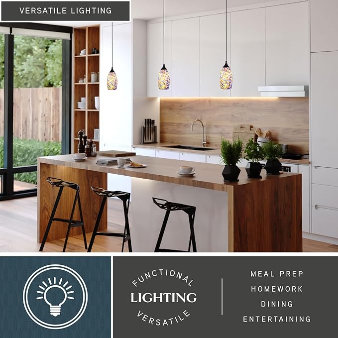 VAXCEL Milano Matte Black Mini Pendant Ceiling Light Multi Color Swirl Art Glass