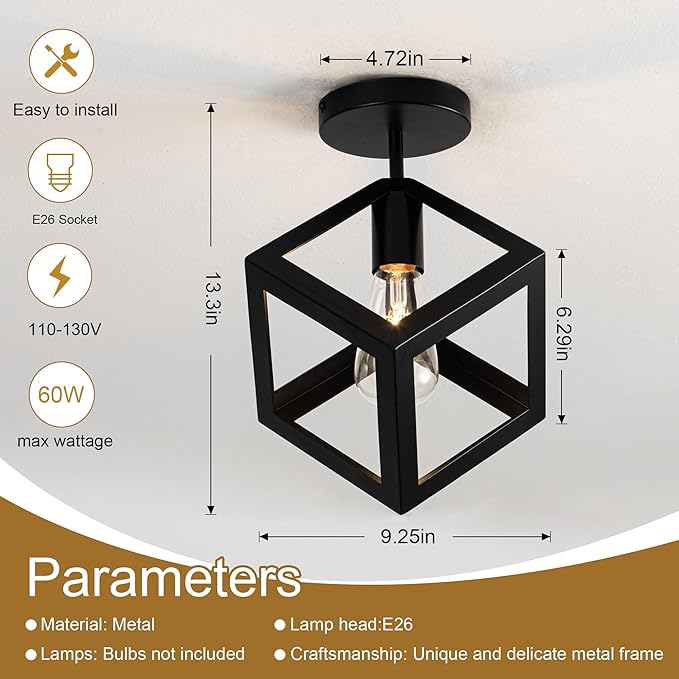 Modern Black Flush Mount Ceiling Light Fixture, Metal Frame Light Fixture,Farmhouse Light Fixture for Entryway Porch Hallway Stairway Garage Living Room Dining Room Balcony