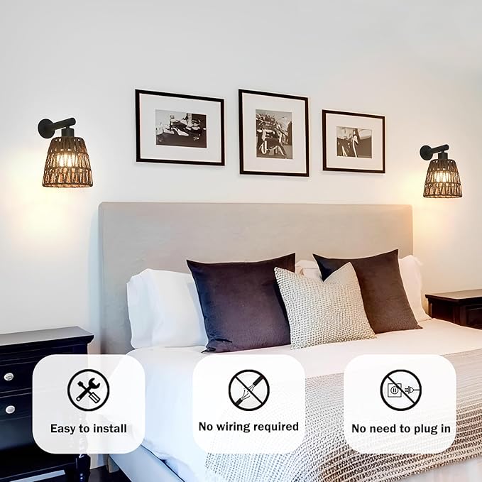 Boho Battery Operated Wall Sconce Set of 2, Brown Rattan Rechargeable Wall Lights with Dimmable Bulbs and Remote,15 Colors Wireless Wall Lamps for Bedroom Living Room Hallway Decor