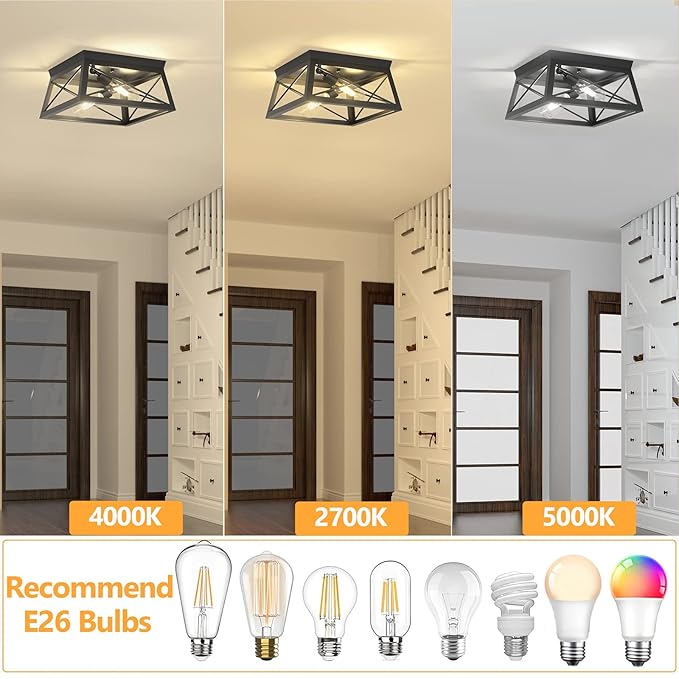 Pynsseu Industrial Ceiling Light, 2 Lights Farmhouse Semi Flush Mount Ceiling Fixture for Kitchen Island Dining Room Bedroom Foyer Hallway, 1 Pack, Black