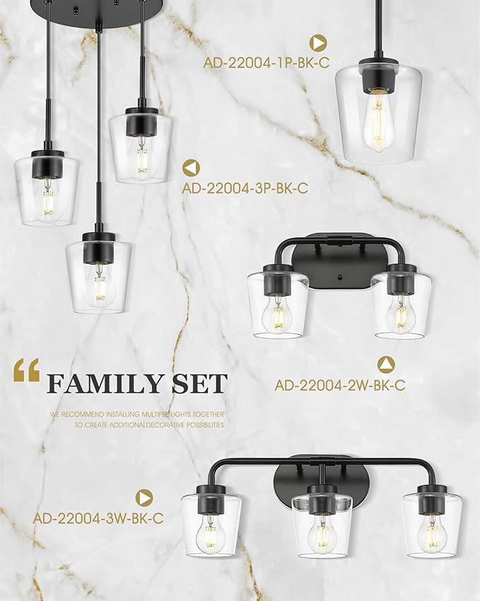 Black Pendant Lights Kitchen Island, 6" Hanging Lights Fixtures with Clear Glass Shade, Modern Kitchen Pendant Lighting Over Island for Dining Room, AD-22004-1P-BK-C