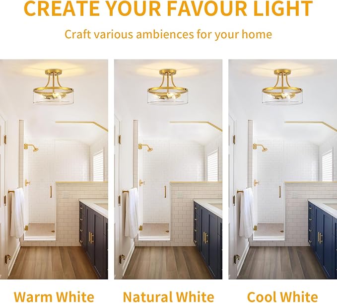 11.81" Brushed Gold Semi Flush Mount Ceiling Light Modern Glass Entryway Light Fixture Hallway Light Fixtures 3-Light Drum Ceiling Lamp for Bedroom Kitchen Island Dining Room Laundry Room Lighting