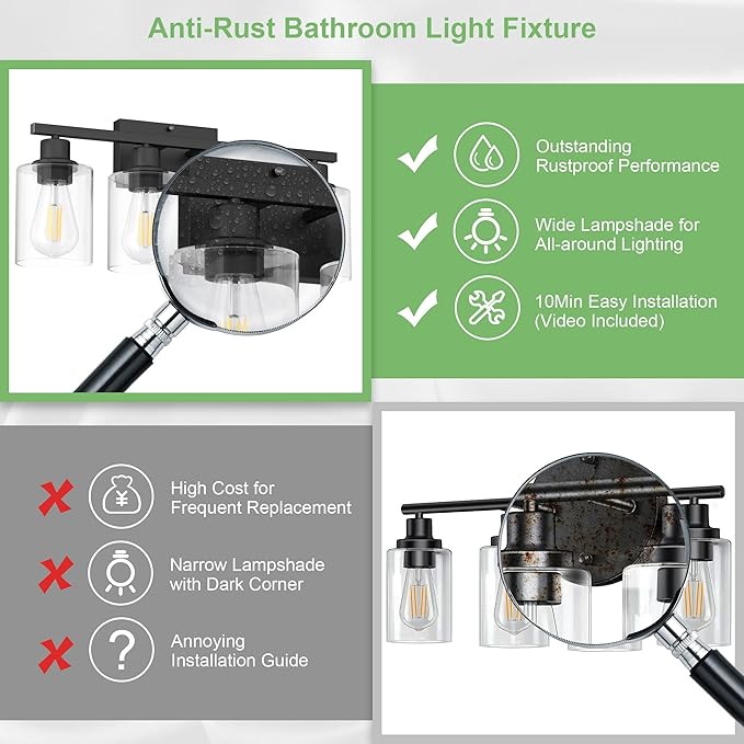 Bathroom Lights Over Mirror, 4-Light Black Vanity Light for Bathroom, 24Inches Anti-Rust Modern Wall Sconce, Standard E26 Base, Clear Glass Shades, Bulbs Not Included
