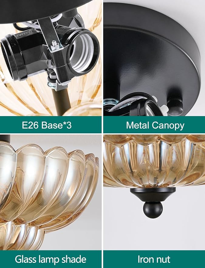Semi Flush Mount Ceiling Light, Amber Glass Ceiling Light Fixture, 3-Bulb Modern Black Close to Ceiling Light, Vintage Glass Ceiling Lights for Bedroom Kitchen Living Room, Bulb Not Included