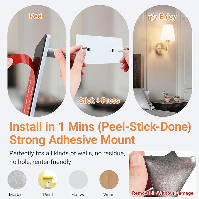 Peel and Stick Wall Sconces, Stick On Wall Sconce Set of 2, Battery Operated Wireless Adhesive Wall Lights, Corn Bulb with 10000mAh Battery, Easy Install for Bedroom Living Room Wall Decor