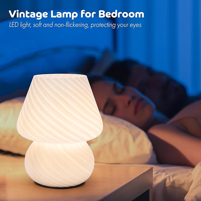 ULAROOM Battery Operated Mushroom Lamp - Vintage Small Table Lamp with Timer, Cordless Bedside Nightstand Lamp, Glass Battery Powered Lamp for Bedroom Kitchen Living Room Shelf Decor Aesthetic White