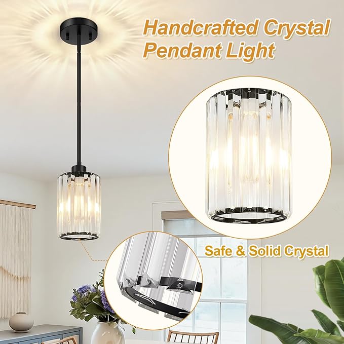 MQMQA 3 Pack Matte Black Pendant Lights Kitchen Island, Modern Crystal Chandelier Kitchen Pendant Lighting Over Island, Adjustable Hanging Mini Light Fixtures for Dining Room Hallway Corridor Bedroom